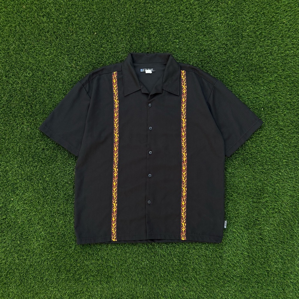 Vintage 90s Filter Button Up Shirt Flames Y2k Black Short Sleeve Size Large